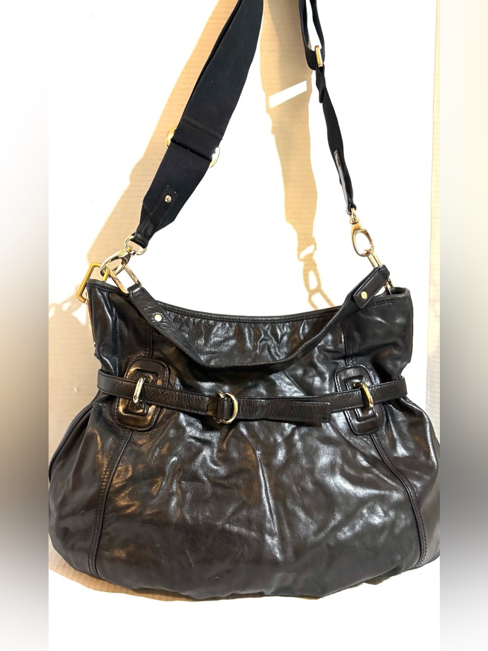 Black distressed creasing leather crossbody Bag with Adjustable Strap